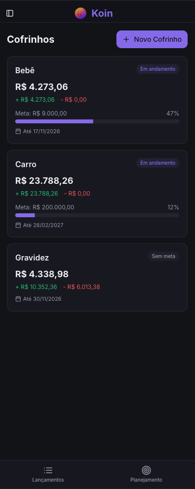 Cofrinhos do Koin com metas e progresso de economia